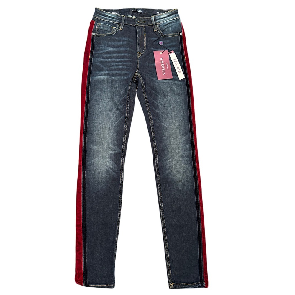 VIGOSS Marley Skinny Women’s Jeans SZ 25 Velvet Leg Stripes Mid Rise Med Blue